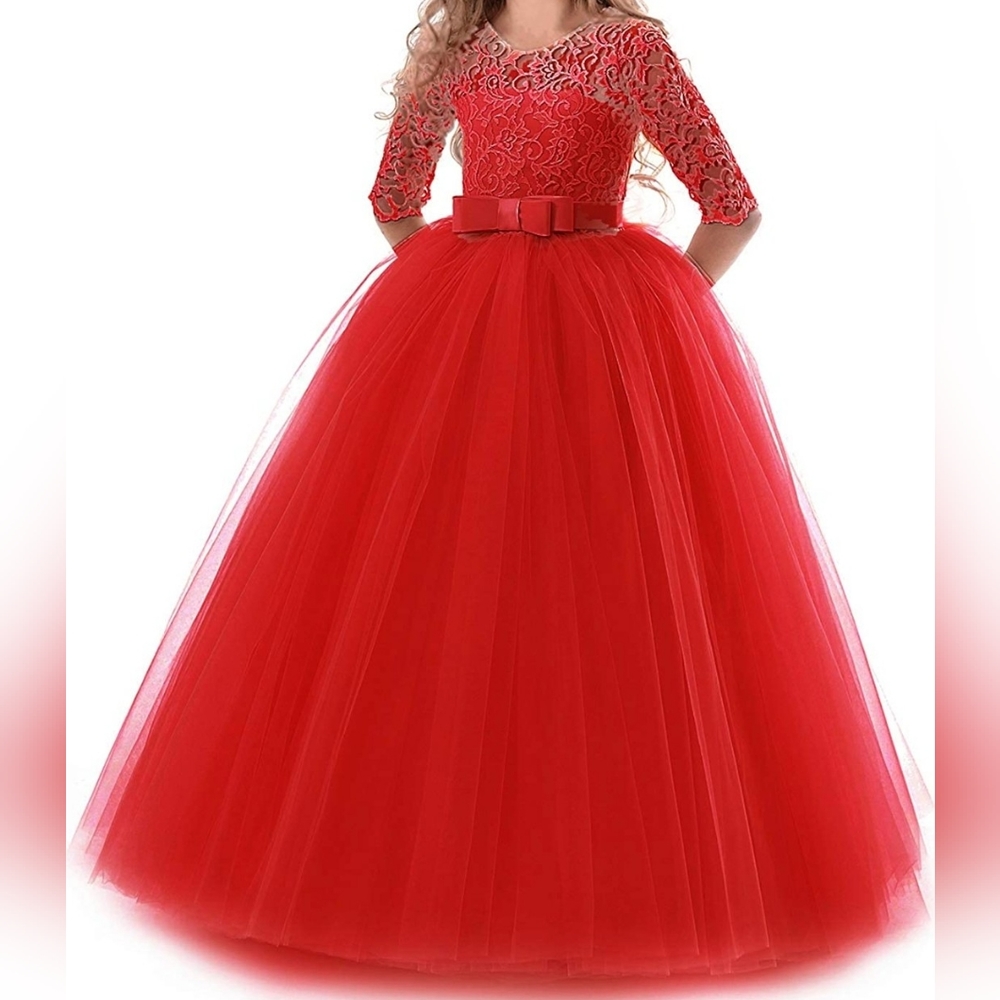NEW - Size 11/12 Girls Mid-sleeve Red Lace and Tulle Pageant Dress